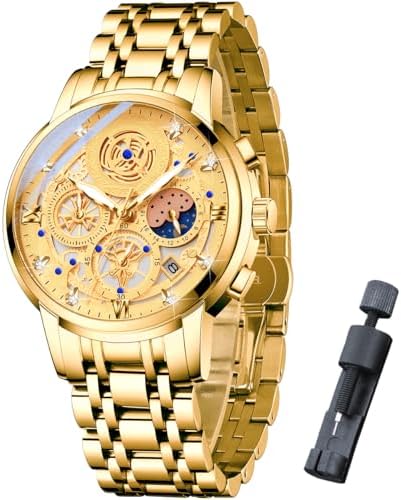 senstone Moon Phase Watch for Men Chronograph Dial Analog Quartz Wristwatch Luxury Diamond Business Dress Watch with Luminous Waterproof Calendar Stainless Steel Strap