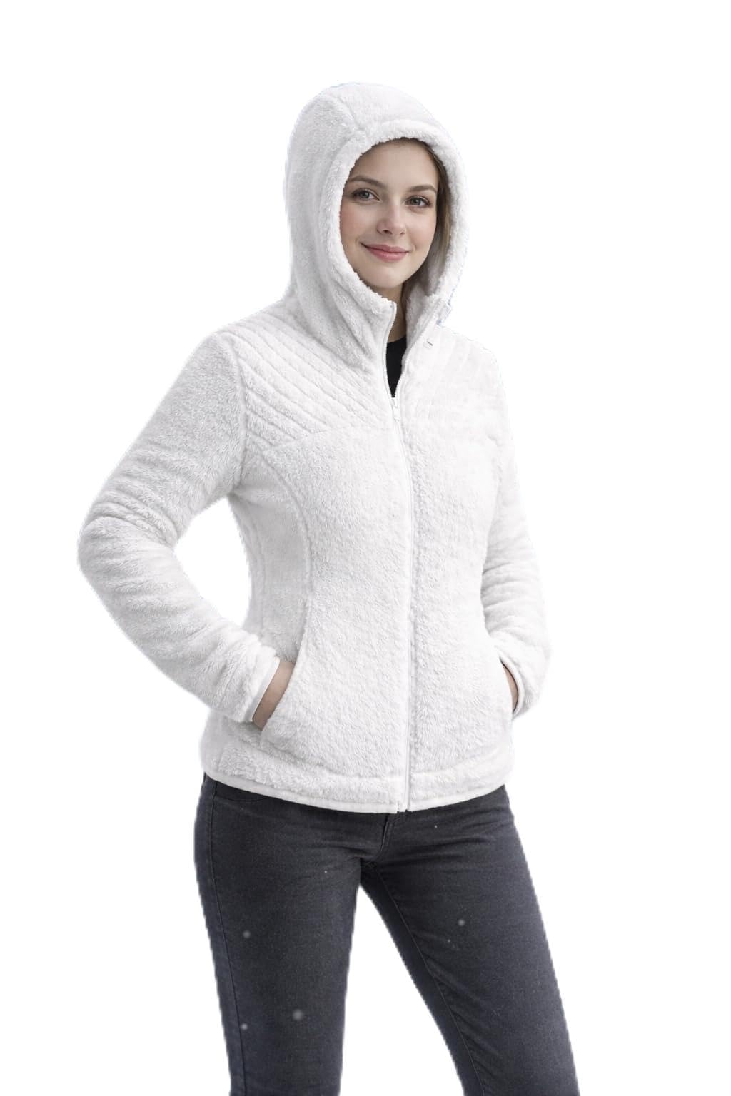 Women's White Sherpa Fleece Hooded Jacket, Full Zip Teddy Fleece Sweatshirt with Hood, Quilted Mid-Layer-picture-35