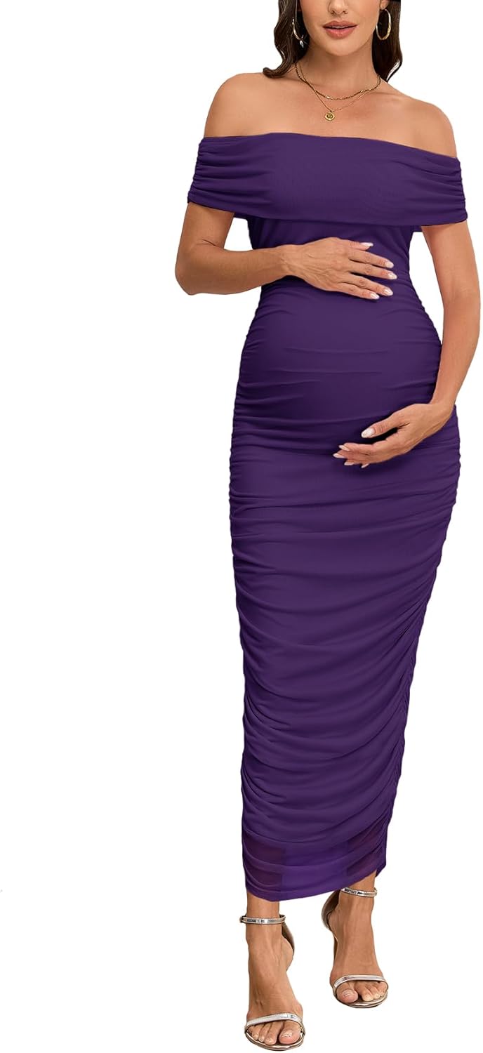 AISWI Maternity Off The Shoulder Maxi Dress Mesh Ruched Bodycon Sleeveless Pregnancy Dresses Baby Shower Photoshoot, Purple, XL