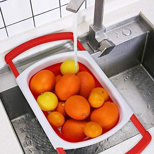 Kitchen Collapsible Colander,Colander Collapsible Silicone,Colander Strainer Over The Sink Vegetable, Fruit Colanders Strainers With Extendable Handles, Folding Strainer for Kitchen (white and red)