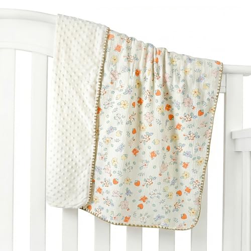 Image of Baby Blanket 40x40 Inches,Muslin Cotton and Minky Dotted Double Layer Soft Receiving Blanket for Newborn Toddler,Strawberry Flower