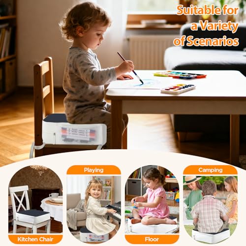 Image of Booster Seat for Kitchen Chair, 3.8 inch Toddler Booster Seats for Dining Table with Ties, PU Dining Chair Pads with Side Pockets, Non-Slip & Removable Booster Seat for Table Increasing Cushion (Blue)