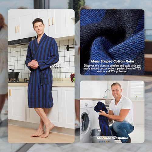 Image of FashGudim Mens Buffalo Plaid Cotton Robe Lightweight Bathrobe Shawl Collar Kimono Sleepwear Loungewear House Robes