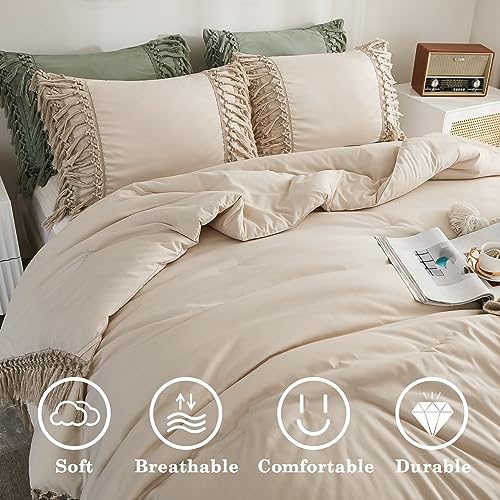 Image of Andency King Size Comforter Set Beige, 3 Pieces Boho Tassel Lightweight Soft Bedding Comforter Sets for King Bed, All Season Fluffy Bed Set (104x90In Comforter & 2 Pillowcases)
