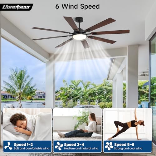 Image of 72 Inch Ceiling Fans with Lights and Remote, Living Room Office Library Industrial, 5CCT Dimmable, Dual Color 8 Blades, 6 Speed Reversible Quiet DC Motor, Double-Layer Lampshade, Black /Wood Grain