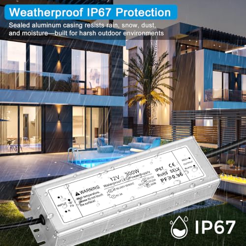Image of 12V 300W LED Power Supply, IP67 Waterproof LED Driver, AC 80-265V to DC 12 Volt 25A Low Voltage Transformer Converter for Outdoor LED Strip & Landscape Lighting, 3-Prong Plug