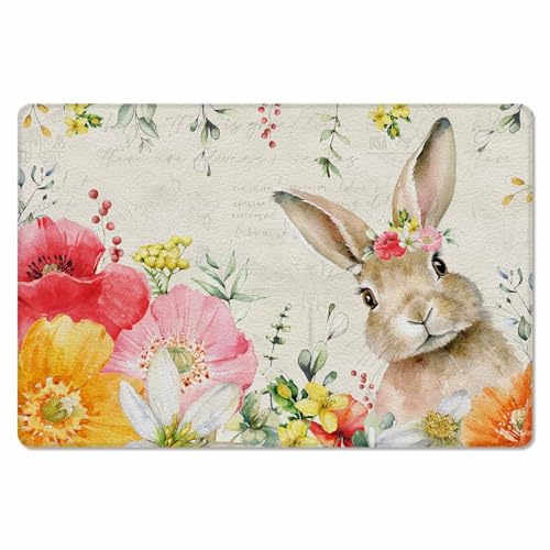 Easter Kitchen Bath Door Mat Cushioned Runner Rug,Washable Welcome Floor Sink Antifatigue Mat,Waterproof & Non-Slip Comfort Standing Doormat,Eucalyptus Leaves Retro Flowers Plants Rabbit 20
