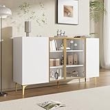 Photo Gallery rosebibi elegante credenza a 4 porte, colore bianco, con vetro e metallo, design moderno, senza maniglia, molto spazio, credenza per soggiorno, sala da pranzo, cassettiera Photo Gallery rosebibi elegante credenza a 4 porte, colore bianco, con vetro e metallo, design moderno, senza maniglia, molto spazio, credenza per soggiorno, sala da pranzo, cassettiera