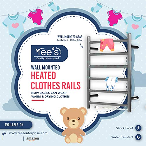 Image of Tee's Electrical Cloth Drying Stand (Stainless steel /SS-304 Towel Warmer)-Extra HOT- 6 Bars, Wall Mounted, with Temperature Controller and Timer