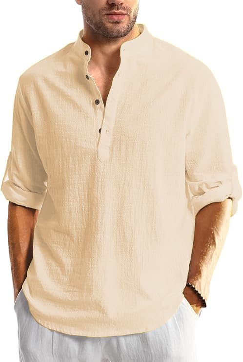 Image of Men's Full Sleeve Beige Color Cotton Blend Mandarin Slim Fit Shirt Style Kurta for Men and Boys