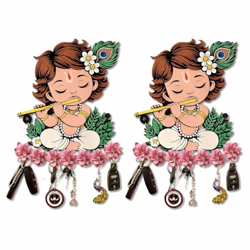 Image of JIVAY Baby Krishna Decorative Wall Mounted Key Holder for Home Wooden Key Hanger with 7 Hooks Designer Key Stand for Living Room, Entrance & Office Home Decor Gift Item (Pack of 2)