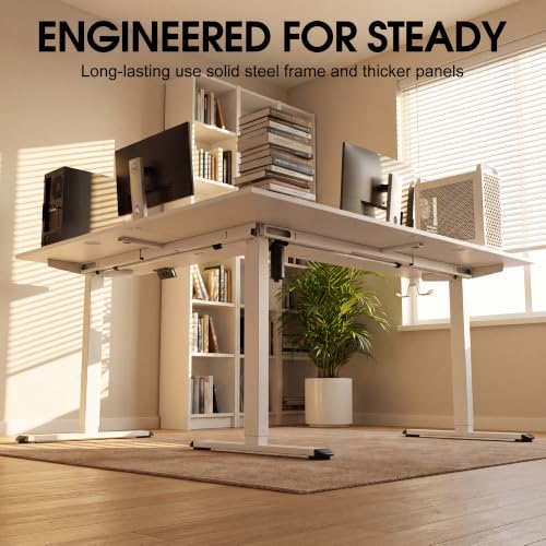 Image of Furmax 63 x 48 Inch L Shaped Standing Desk with 2 Preset Heights, Electric Height Adjustable Computer Table, 2 Hooks & Feet Balance, Corner Sit Stand Desk for Home Office (White, 63 x 48 Inch)