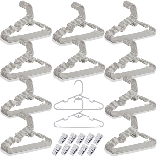 Image of MJRASG Anti-Slip Plastic Baby Hangers, 100-Pack, Light Grey, Ideal for Closet Organization, Easy to Use, Holds Clothes Securely