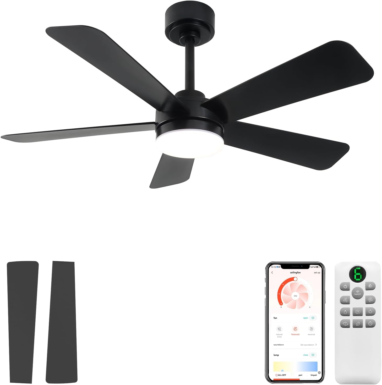 GESUM 40 Inch Ceiling Fans with Lights, Outdoor Ceiling Fan with APP and Remote Control, Reversible, 6 Speeds, 3CCT Dimmable, Black Ceiling Fan with Light for Living Room Bedroom (Black)