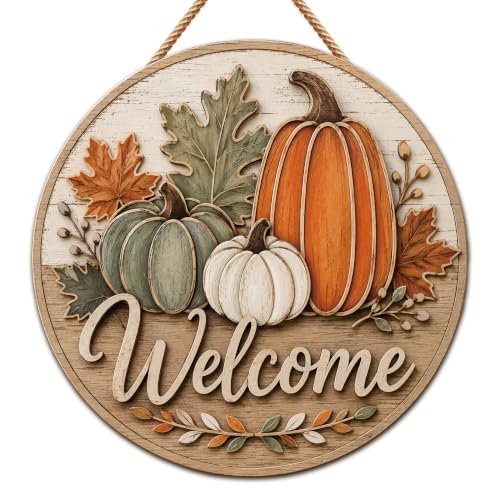 Image of Fall Decor - Fall Welcome Sign for Front Door | Thanksgiving Decorations | Rustic Round Pumpkin Door Wreath Sign Wood Hanging Decor - Fall Thanksgiving Party Favors Supplies for Home Door Wall Decor