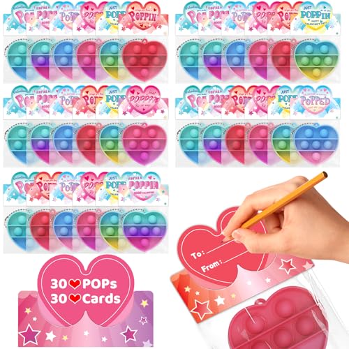 30 Pcs Valentines Day Gifts Cards for Kids with 30 Pcs Heart Keychain Pop Fidget Toys Bulk for School Classroom Exchange, Class, Party Favors, Easter Goodie Bags Stuffers for Kids Boys Girls Toddlers