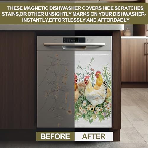 Image of Magnetic Dishwasher Cover,Chicken Rooster Grass Reusable Dishwasher Magnetic Cover Decorative Door Covers Panel for Home Kitcen 23 inch x 26 inch