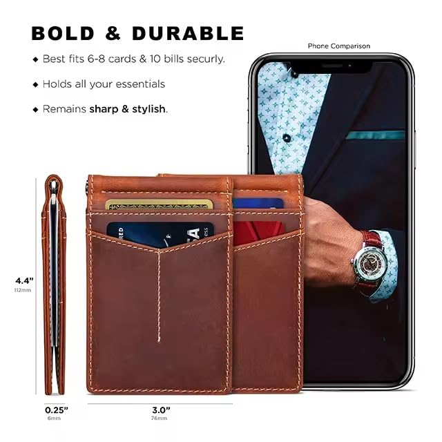 Image of Genuine Leather Slim Wallet | RFID Blocking Bifold Men's Purse | Front Pocket Card Holder | 9 Card Slots, 1 ID Window | Card Puller, 2 Hidden Pockets | Travel and Office Carry (B Tan)