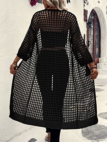 Verdusa Women's 3/4 Sleeve Long Cardigan Lightweight Hollow Out Crochet Knit Open Front Kimono2