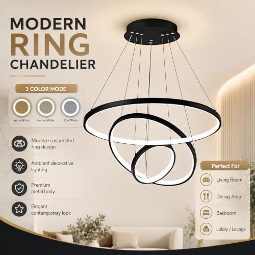 Image of Smartway - Three Ring 106 Watt Modern LED Ceiling Chandelier | Google & Alexa Voice Assist | App Control | 3 Color Modes | Black Luxury Chandelier for Living Room, Bedroom, Dining & Hall