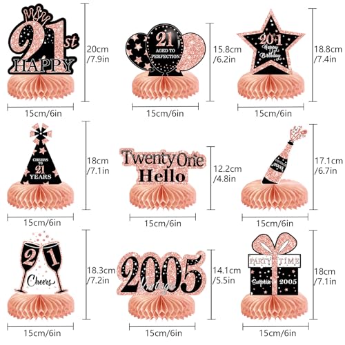 Image of 9Pcs Rose Gold Pink 21st Birthday Decorations Honeycomb Centerpieces for Girls,Happy 21st Birthday Centerpieces Tables Toppers Party Decorations Supplies,Vintage 2005 Aged Table Sign Decor