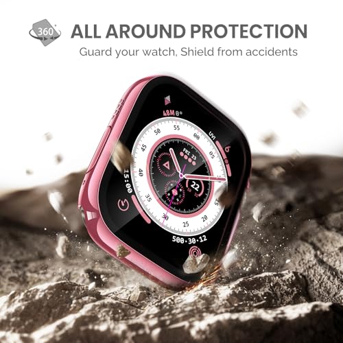 Image of Misxi 2 Pack Hard PC Case with Tempered Glass Screen Protector Compatible with 49mm Apple Watch Ultra 3 (2025) / Ultra 2 / Ultra, Anti-Drop Scratch Resistant Lightweight Cover for iWatch, 1 Rose Pink + 1 Transparent