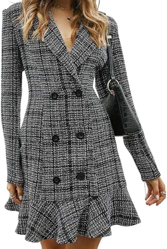 Goolecrimp Elegantes lässiges Business Blazerkleid aus Tweed mit Karomuster für Damen Modisches zweireihiges Minikleid fürs Büro Schmal...