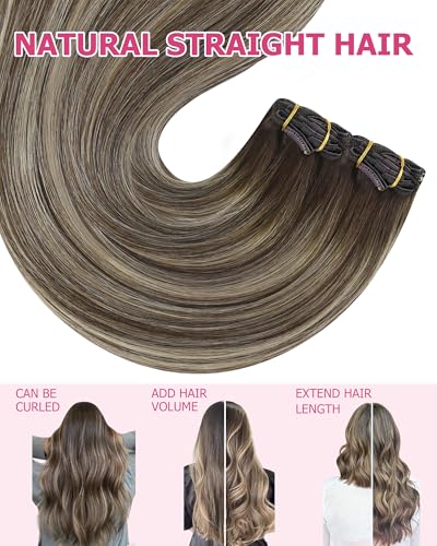 Image of YoungSee Clip in Human Hair Extensions Brown Balayage Clip in Extensions Real Human Hair Chocolate Brown with Ash Blonde Clip on Human Hair Extension for Short Straight Hair 12Inch 85G 7Pcs
