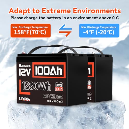 Image of HumsiENK 12V 100Ah LiFePO4 2Pack, 15000 Deep Cycles Solar Battery with Low-Temp Protection Built-in 100A BMS BCI Group 24 for RV Marine Trolling Motor Off-grid Living