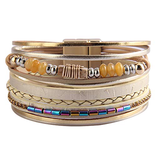 joymiao Pulsera de Cuero para Mujer Pulseras de puño de Piedra de múltiples Capas Druzy Brazalete Trenzado Hecho a Mano con Cierre de imán (Beige)