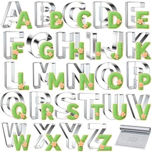 xify’s 26 Pcs Alphabet Letter Cookie Cutters Shape, 3 Inch Assorted Sizes Cookie Cutter Set, Stainless Steel Fondant Molds Fruit Tools for Birthday Christmas Party Decorations, Includes Steel Scraper