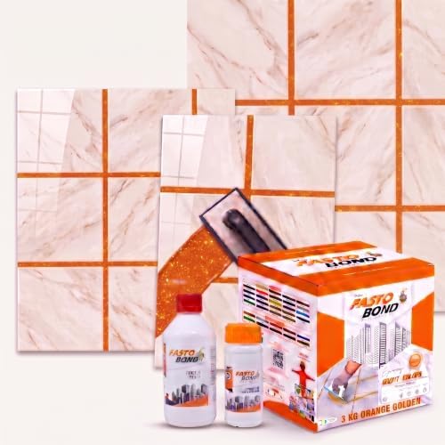 Resin Epoxy Grout - 1 Kg-3 Kg & 5 Kg - Goldan_ Glitter-Sparkle Colors Tile Grout_Fastobond | 3 Components Only | Premixed Glitter For Uniform Finish (3 Kg, Orange Golden), 1 Bucket