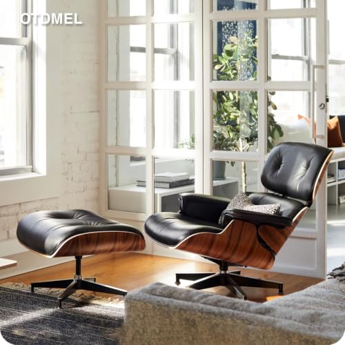 Image of Top Black Grain Leather, Mid Century Chaise Lounge Chair and Ottoman, Modern Chair Classic Design, Palisander Wood, Heavy Duty Base Support for Living Room Office