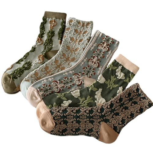 LAKEMON 5 Pack Cute Womens Floral Socks,Vintage Embroidered Floral Socks (5 Pairs-A)