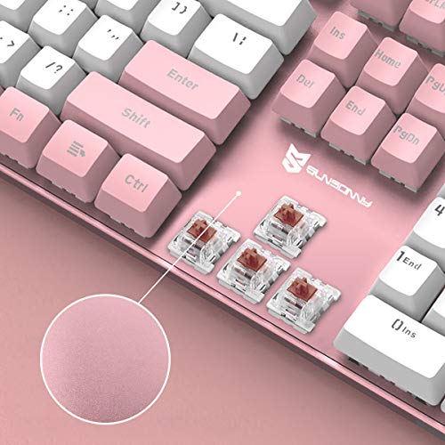 Image of Merdia 104 Keys Full Size Mechanical Keyboard | Brown Switch, Pink & White Color 104 Keys US Layout Led Backlit Hot Swappable Wired Mechanical Light Up Pink Keyboard | Wired Gaming Computer Keyboards