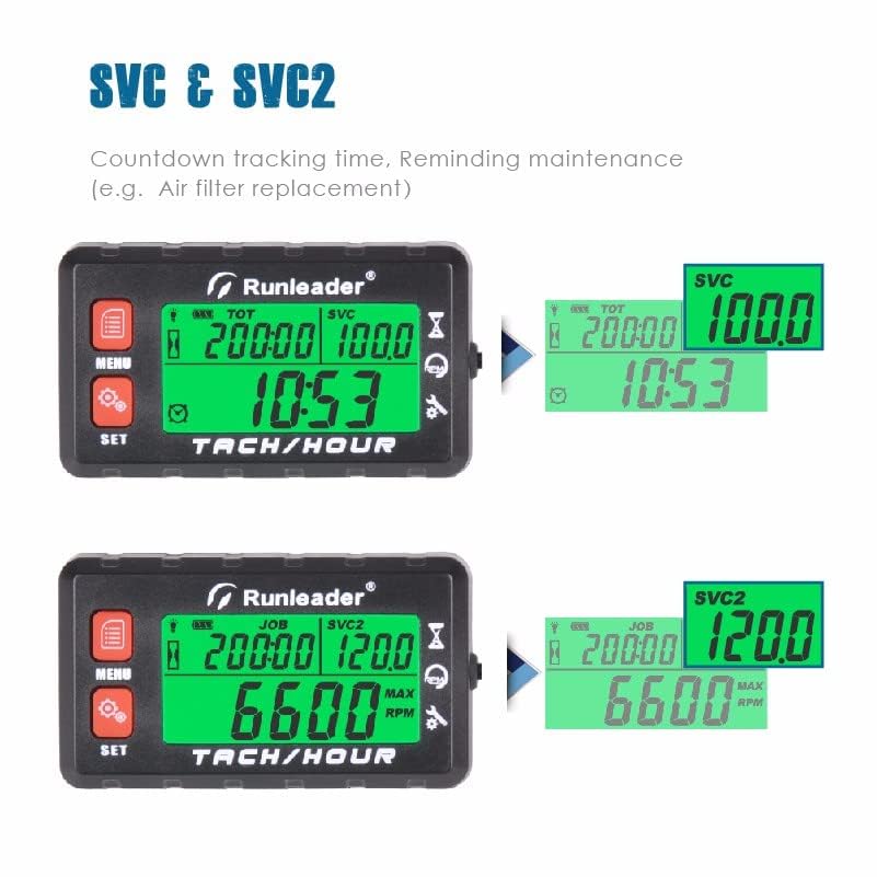 Display showing SVC and SVC2 countdown timers for maintenance.