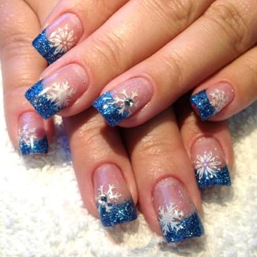 24Pcs Christmas Blue French Tip Press on Nails Short Santa Fake N...