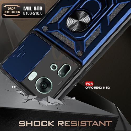 Image of Armor Bumper Back Cover Case for Oppo Reno 11 5G Rotating Camera Cover, Ring Holder & Kickstand | Heavy Duty & 360 Degree Protection Oppo Reno 11 5G Back Cover (Blue)