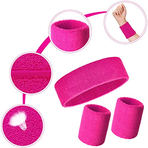 Bememo Sweatbands Set, Includes Sports Headband And Wristbands Sweatbands Colorful Sweatband Set For Men And Women (Neon Pink, 6 Pieces) #TOP4