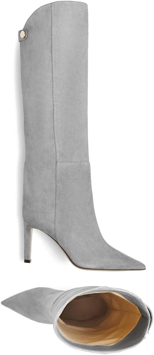 LEHOOR Women Stiletto High Heel Knee High Boots Pointed Toe Wide Calf Boots Pull On Suede 3" Kitten Heels Tall Slouchy Dress Boots V Cut Buckle Long Fall Boot Office Formal Party Retro 4-11 M US