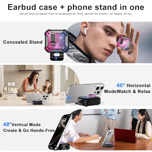 Image of RFUNGUANGO Compatible AirPods 4th Generation Protective Case with Phone Holder and Compatible Back Magnetic Suction Function, Suitable for AirPods 4th Case-Black+Starry Sky