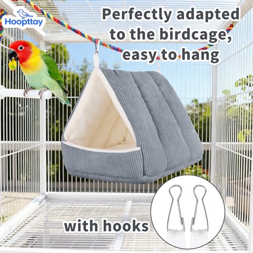 Image of Small Winter Warm Bird Bed for Cage with Soft Plush Hanging Hammock & Hut Tent, Hideaway Sleeping Nest for Budgies, Cockatiels, Small Animals, and Guinea Pig Hideouts (Grey, S)