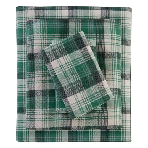 Woolrich Cotton Sheet Set Cottage Charms Print, 100% Cotton Flannel Sheets Warm & Fuzzy Bedding Set Queen Size Sheets, Fitted Pocket Fits Up to 14' Mattress, Queen Green Plaid, 4 Piece