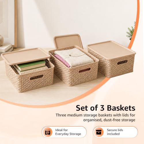 Image of Amazon Basics Set of 3 Plastic Storage Baskets with Lid - Stackable Organiser for Wardrobe, Kitchen, Clothes, Toys, Books, Office, Stationery - Multipurpose (Medium, 36x30x13 cm | Biscuit, Rectangular