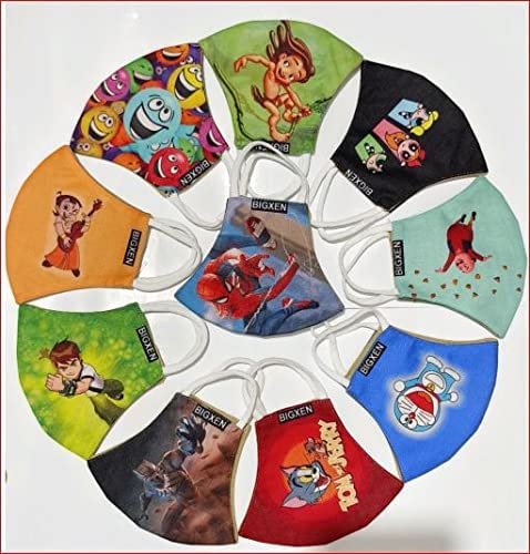 BIGXEN 3 Layer Cotton Reusable & Washable Digital Cartoon Printed 3D Face Mask (Without Valve, Pack of 10) for 3 to 8-9 Year Old Kids, Boys & Girls, Children