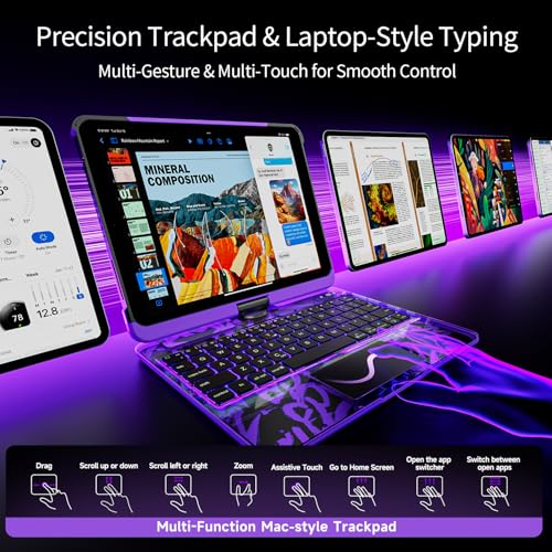 Image of Transparent Keyboard Case for iPad Pro 13 Inch (M5 2025 /M4 2024) with Multi-Touch Trackpad, 360 Rotating Stand, 7-Color 3-Level Backlit, Wireless Bluetooth, Pencil Holder, Purple