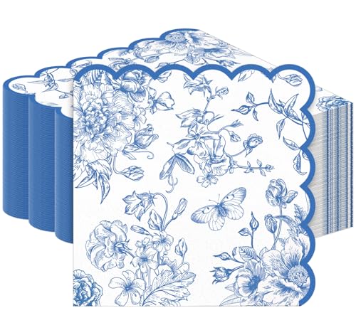 Servilletas de papel con bordes festoneados y diseño floral azul premium