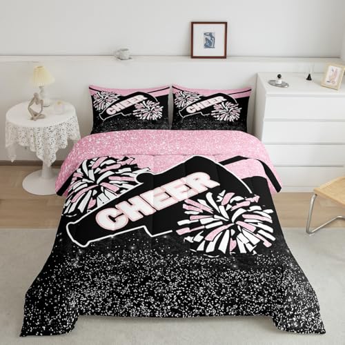 Image of Feelyou Pink Glitter Cheer Comforter Set Toddler Size Dreamy Girly Gymnastic Sports Comforter for Kids Boys Girls Gymnastics Lovers Bedding Set Cheer Sports Duvet Set Room Decor Quilt