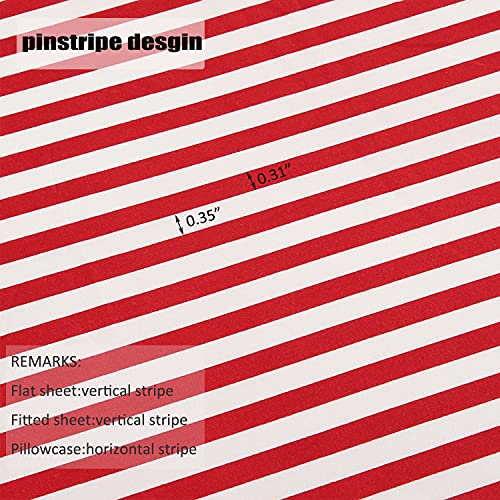Image of Best Season Ticking Stripe Sheet Set,4 Piece Queen Size Microfiber Bedding,Burgundy Red and White Pinstripe Patterned,Deep Pocket