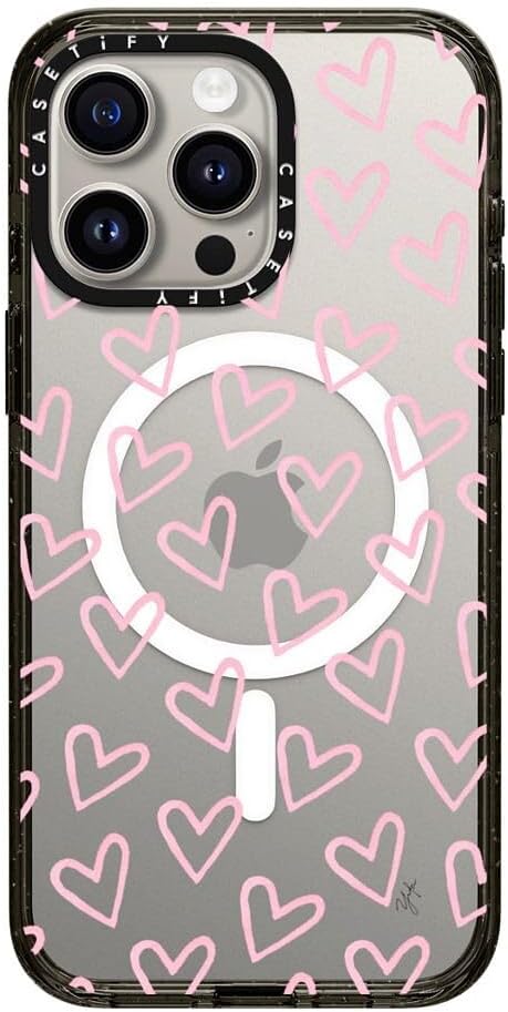CASETiFY Impact Case for iPhone 15 Pro Max [4X Military Grade Drop Tested / 8.2ft Drop Protection/Compatible with Magsafe] - Pattern Prints - Hearts/Light Pink Thin - Clear Black